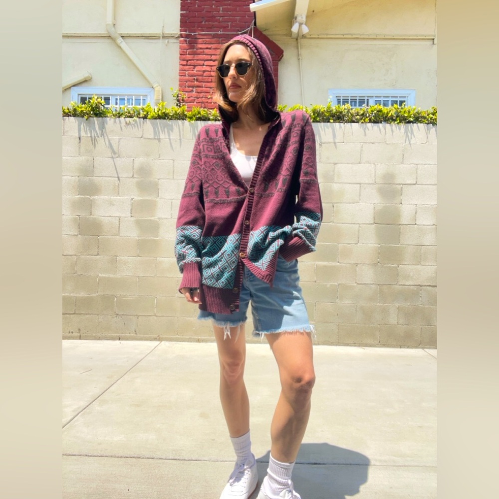 All-SON purple and blue button up hooded sweater